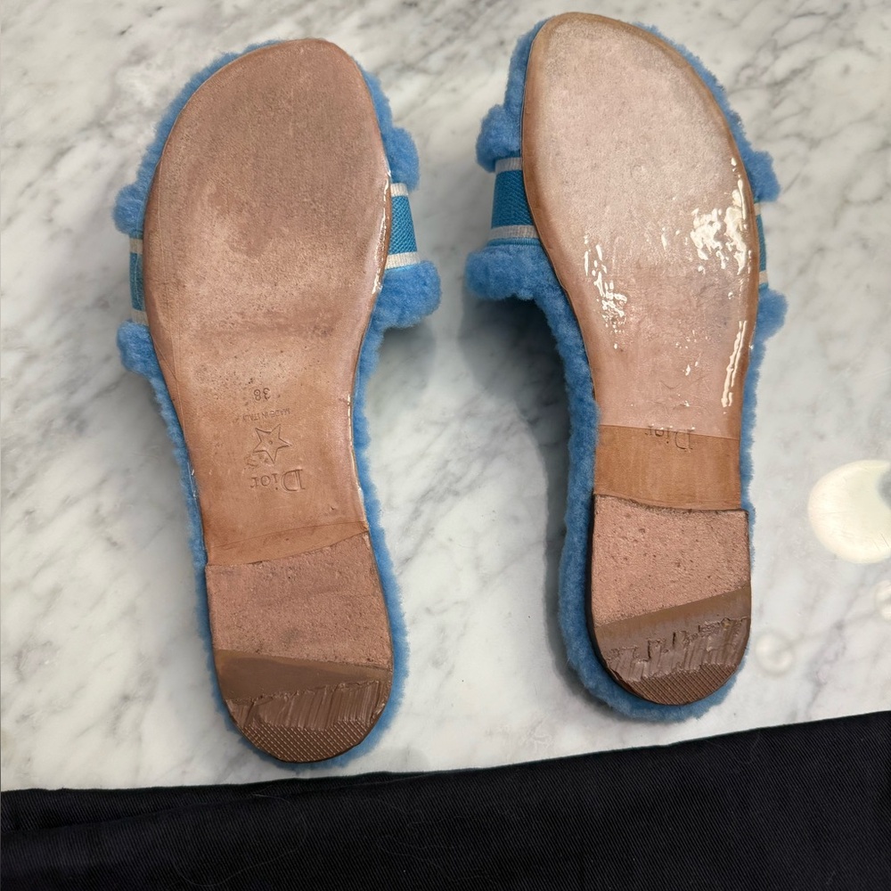 Dior Chez Moi Slide Bright Blue Embroidered Cotton and Shearling sandals - Picture 6 of 10